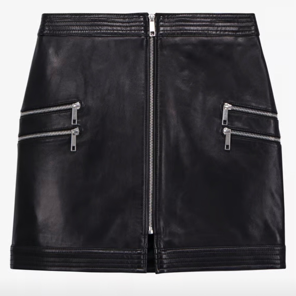 The Kooples Lambskin Leather Mini Skirt Black High Waist Zip Front Sz FR 2/US 6 - Picture 4 of 14